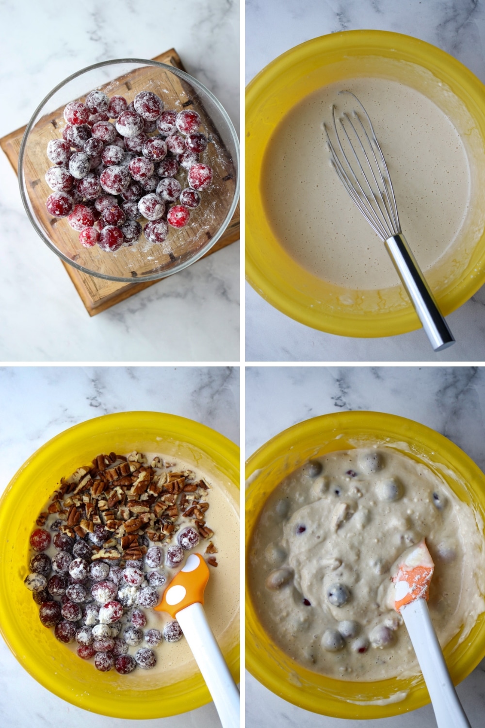 four photos showing how to make baked cranberry pancakes