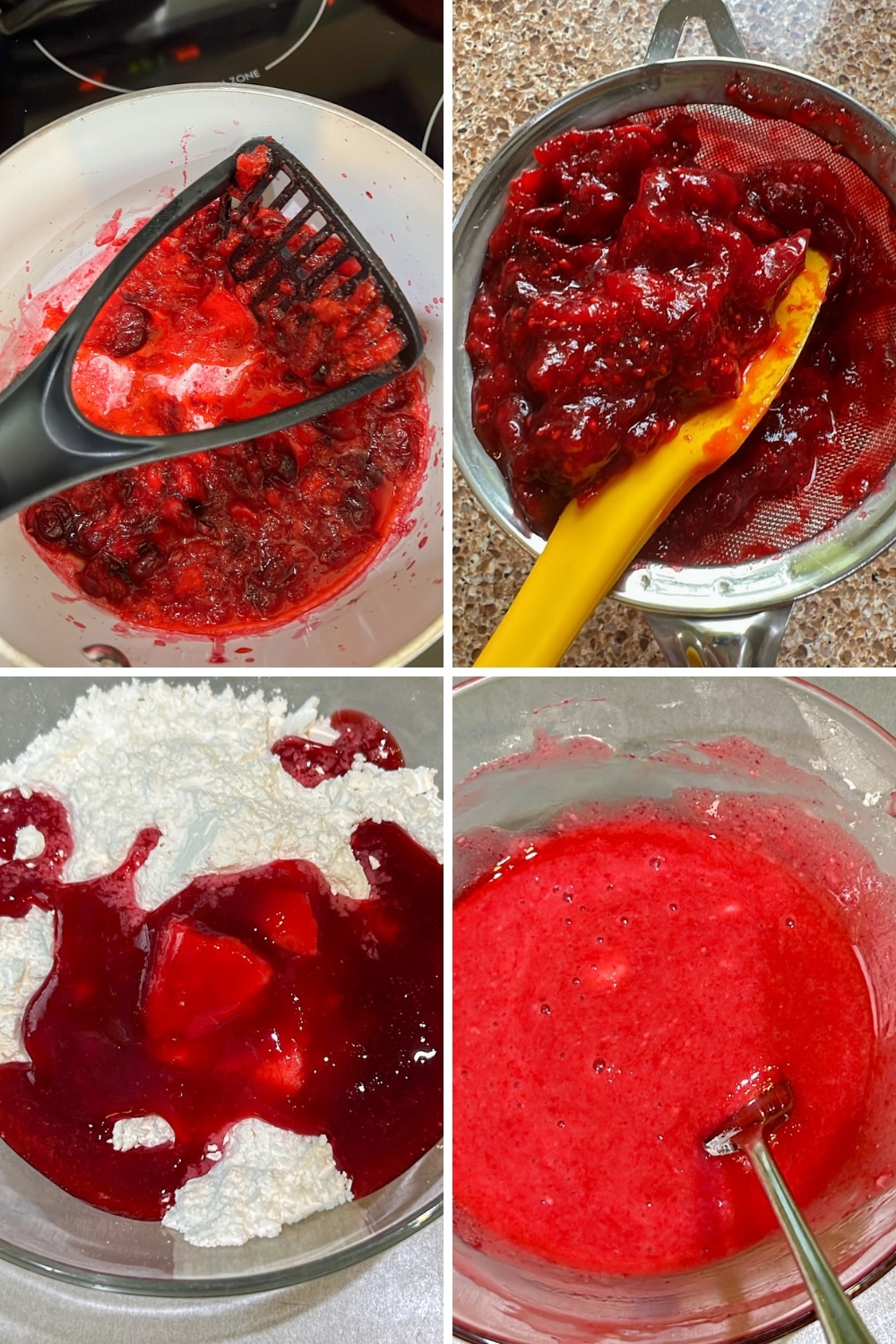 four photos showing how to make cranberry glaze