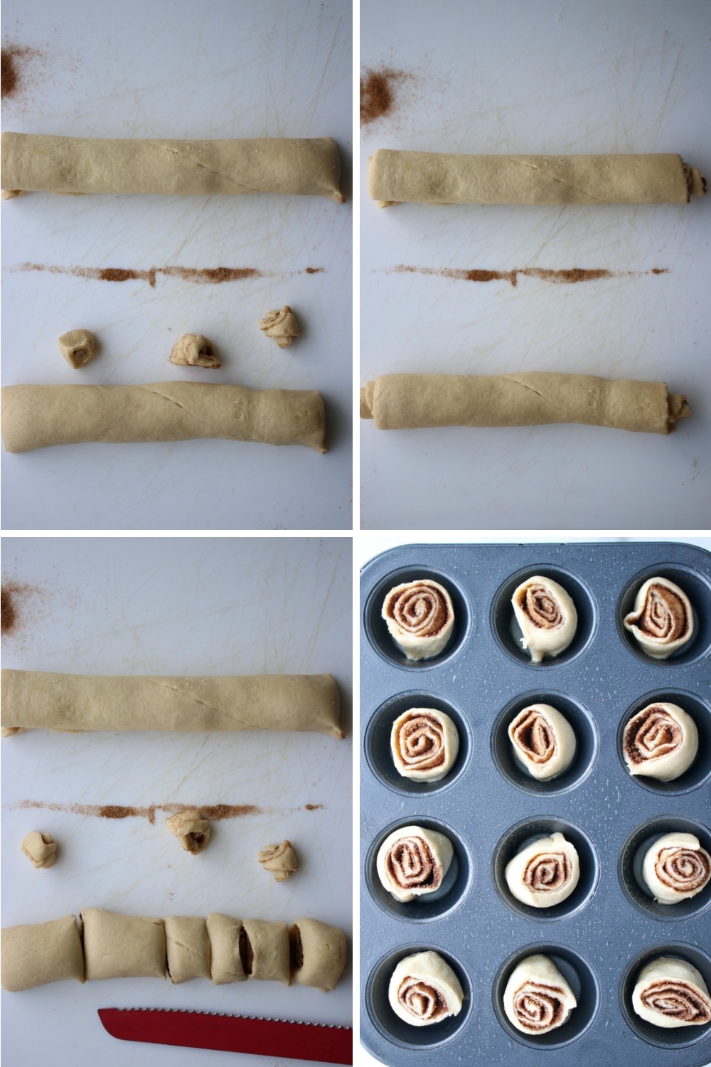 four photos showing how to make cinnamon rolls