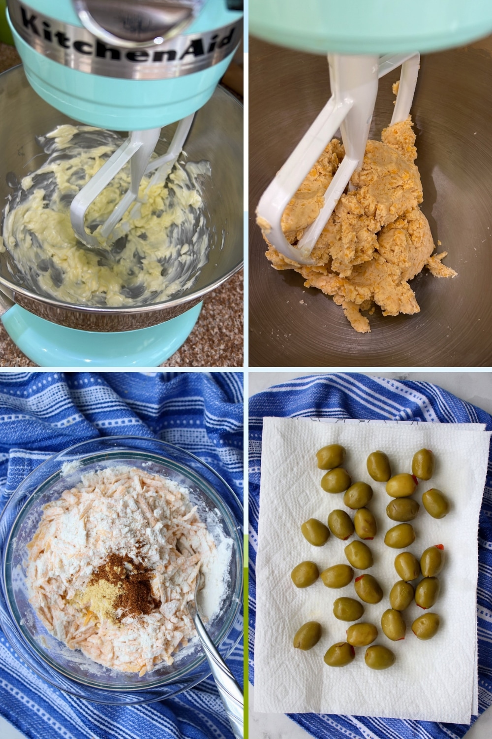 four photos showing how to make olive cheese bites