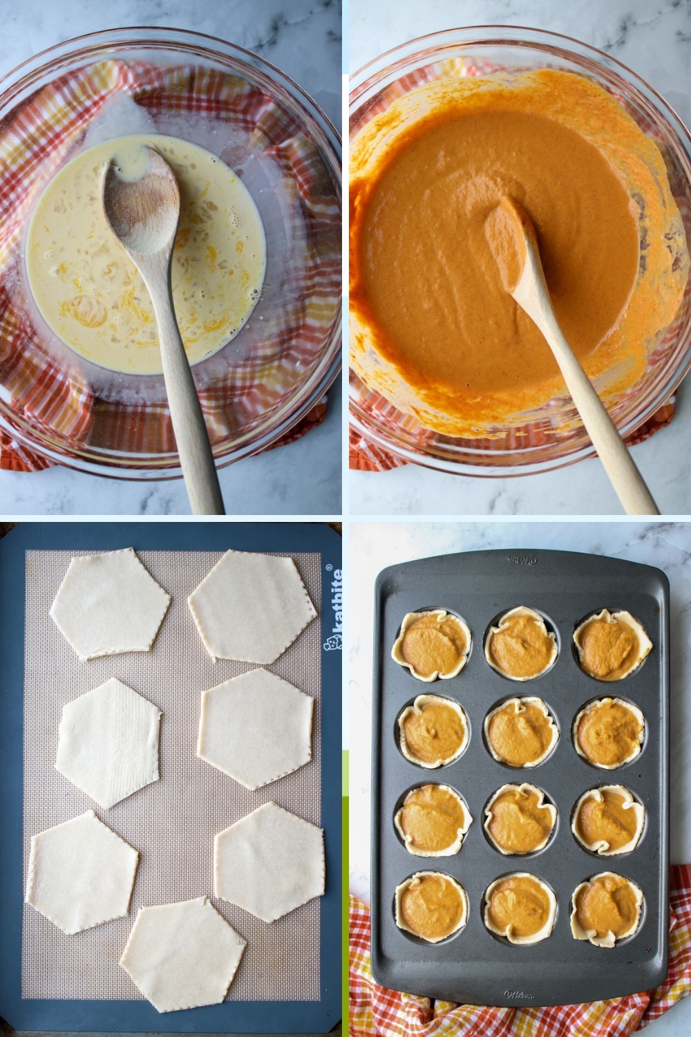 four photos showing how to make mini honey pumpkin pies