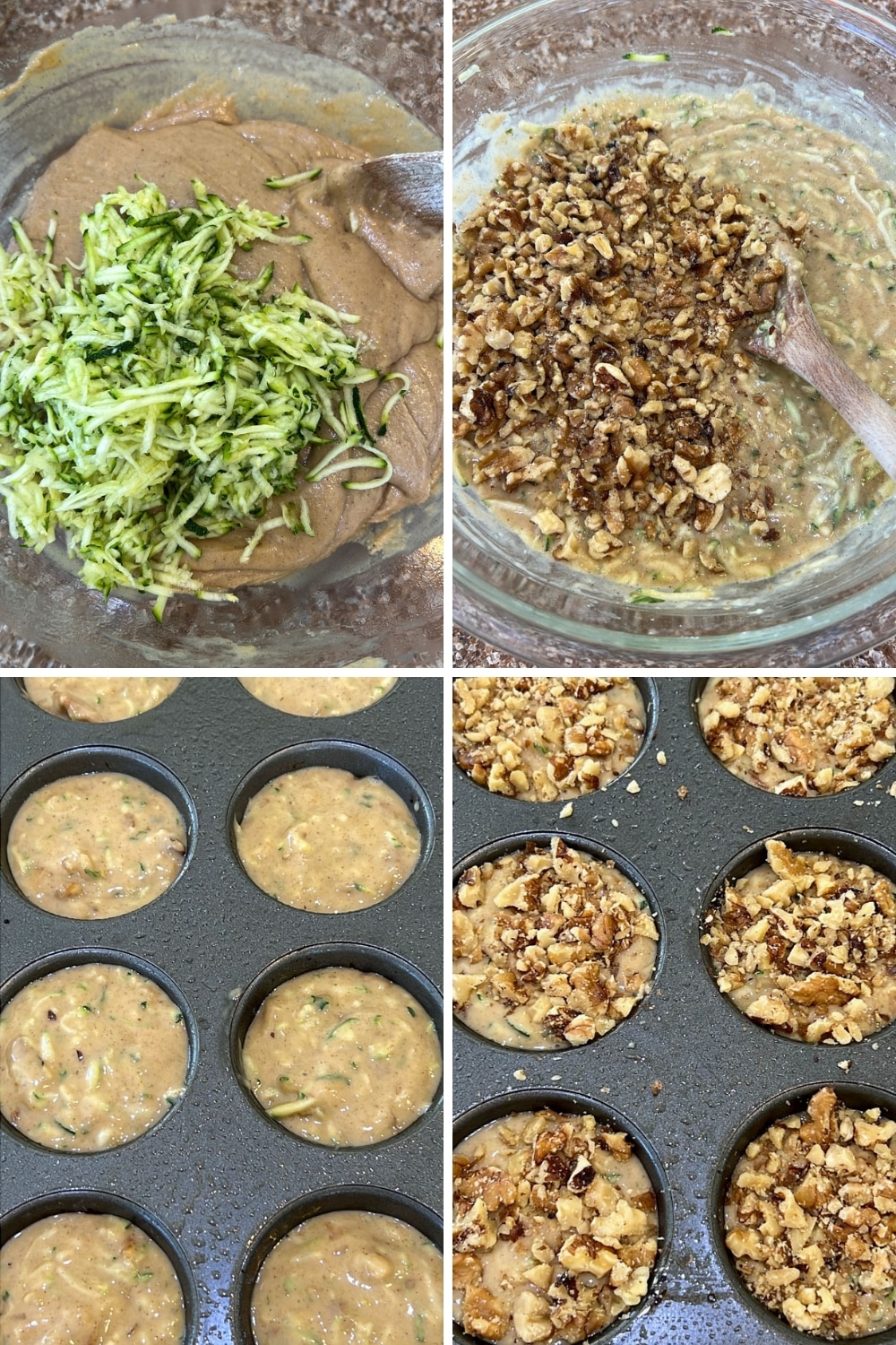 four photos showing how to make pumpkin spice zucchini walnut muffins