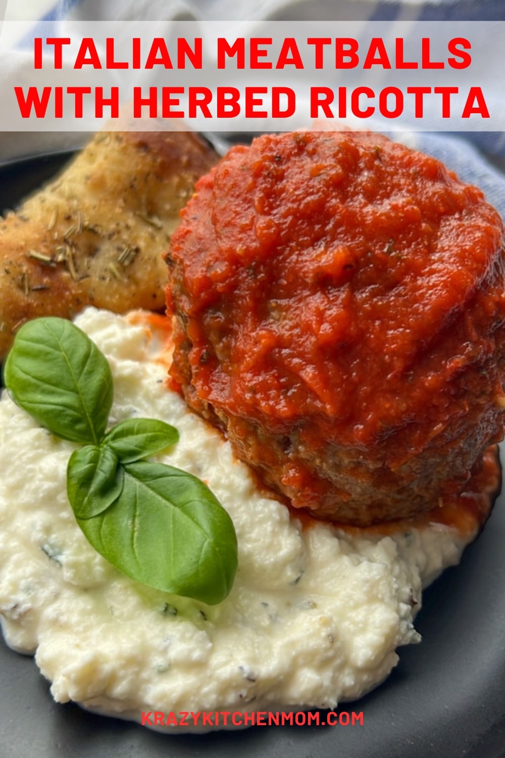 Creamy herbaceous whipped ricotta cheese topped with a large juicy Italian meatball. Serve it with a side of focaccia bread. via @krazykitchenmom