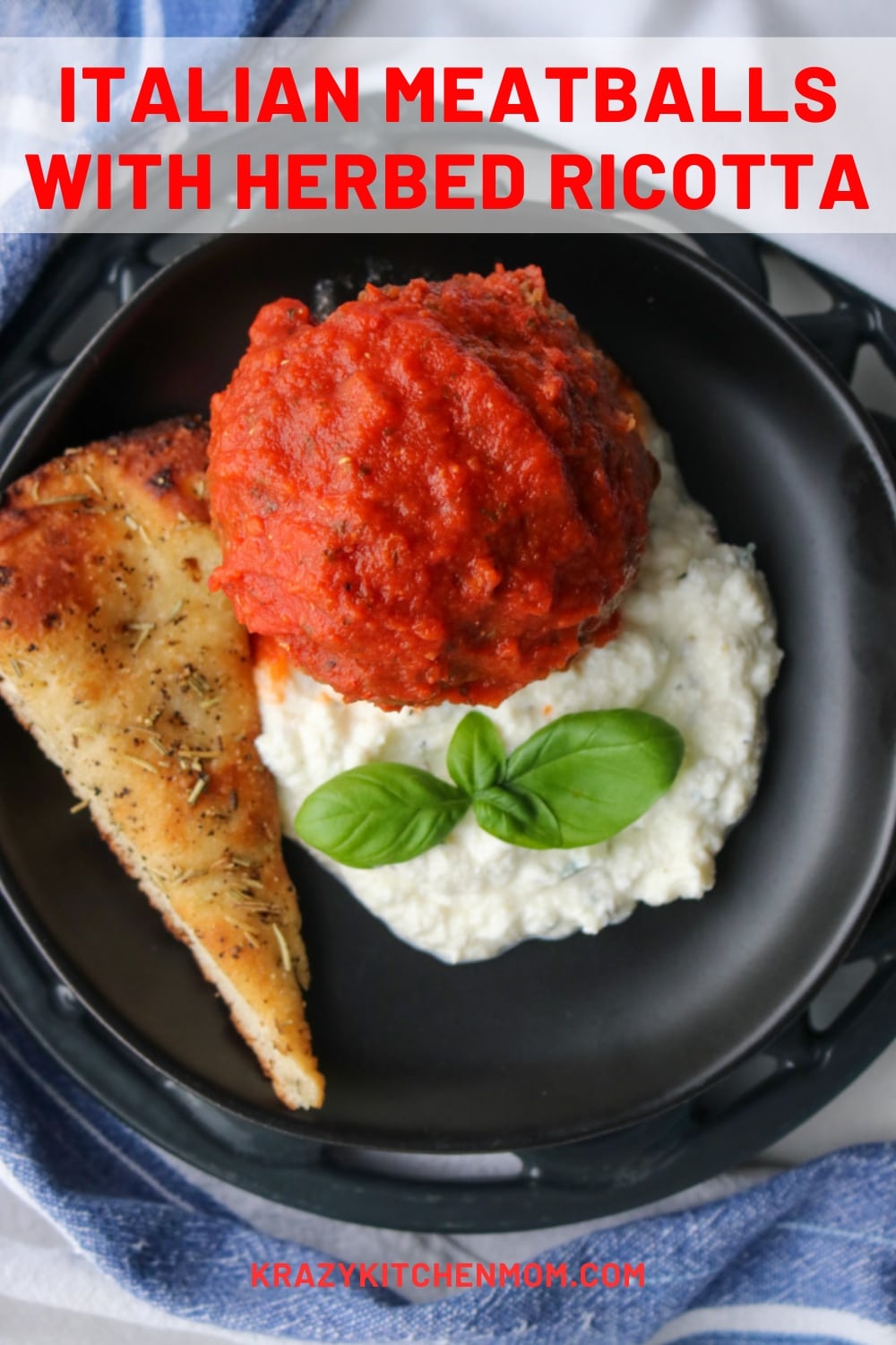 Creamy herbaceous whipped ricotta cheese topped with a large juicy Italian meatball. Serve it with a side of focaccia bread. via @krazykitchenmom