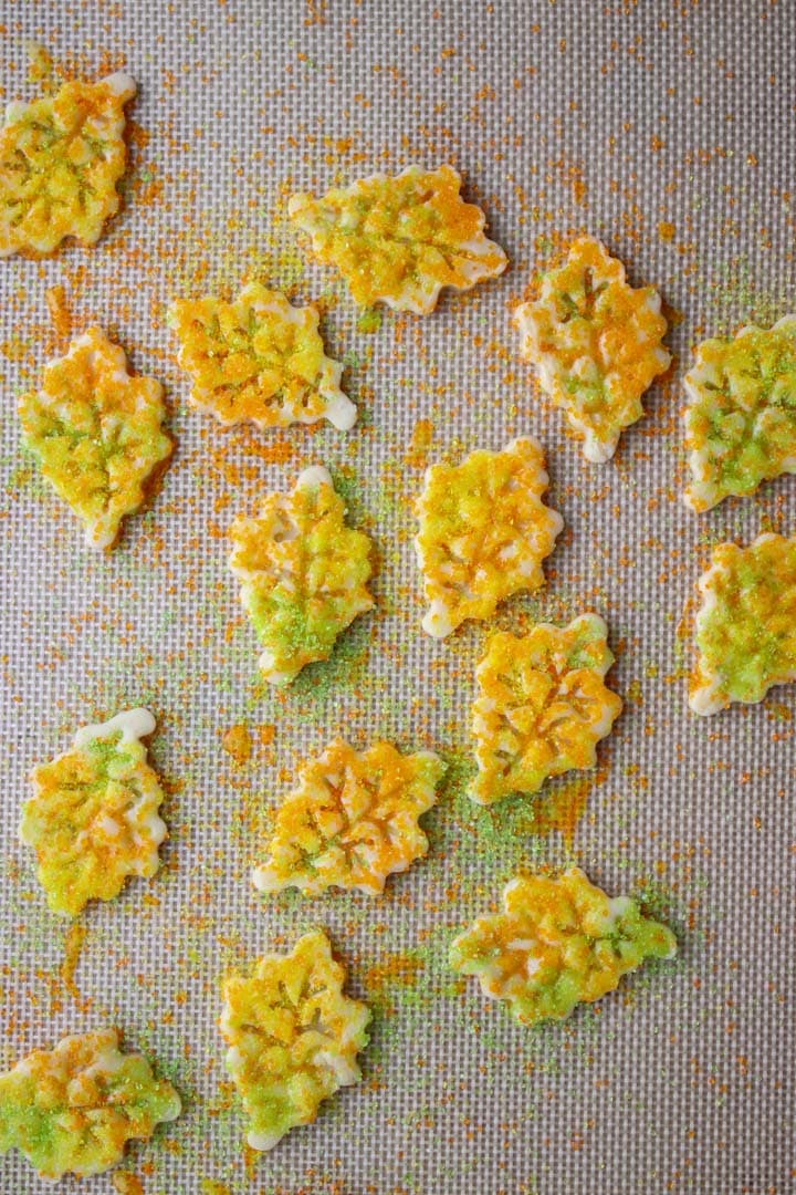 leaf shapes cut from pie crust and sprinkled with yellow, orange, and green sugar,