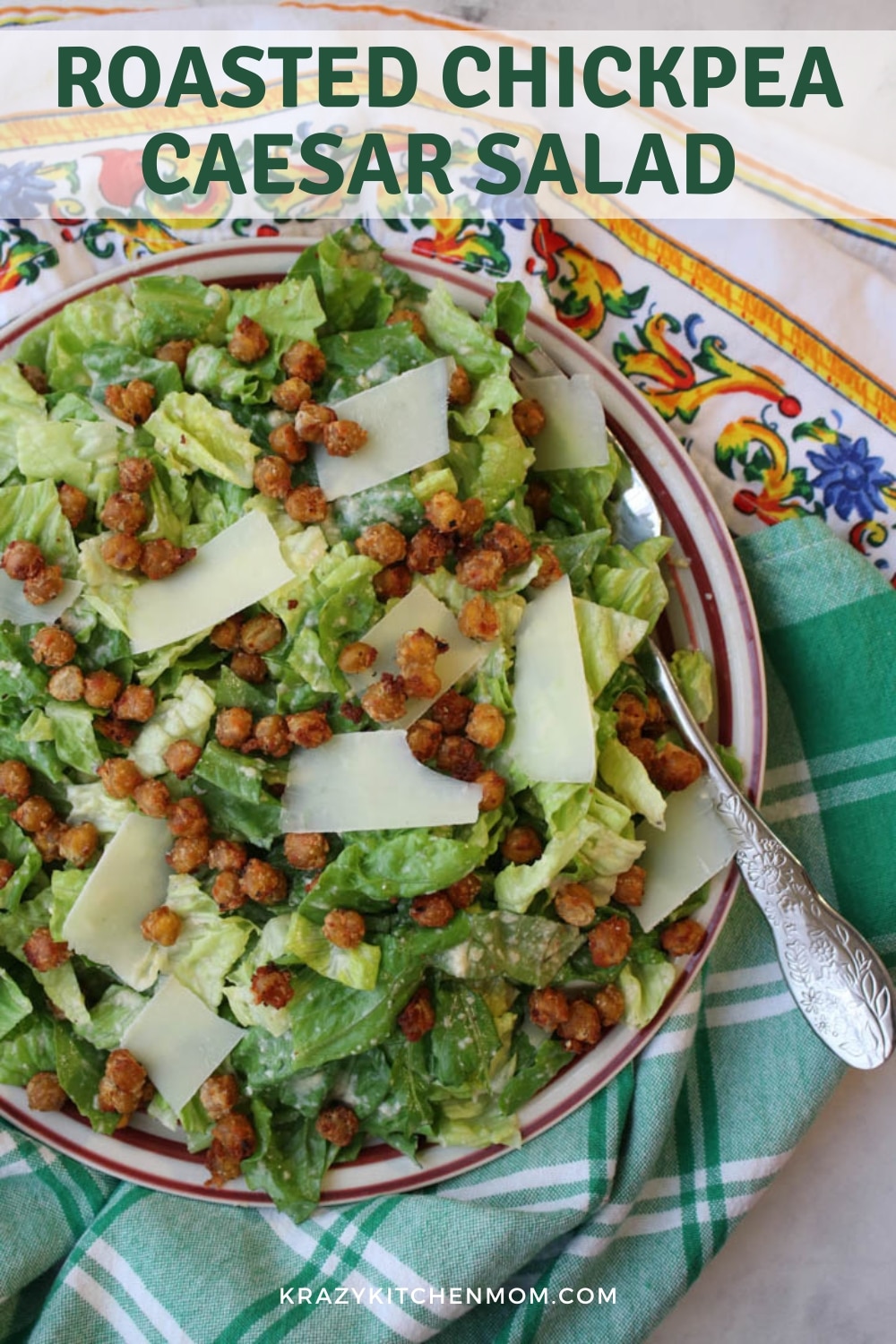 Crunchy creamy chickpeas take the place of croutons in this Caesar salad tossed with a lemon parmesan dressing. via @krazykitchenmom