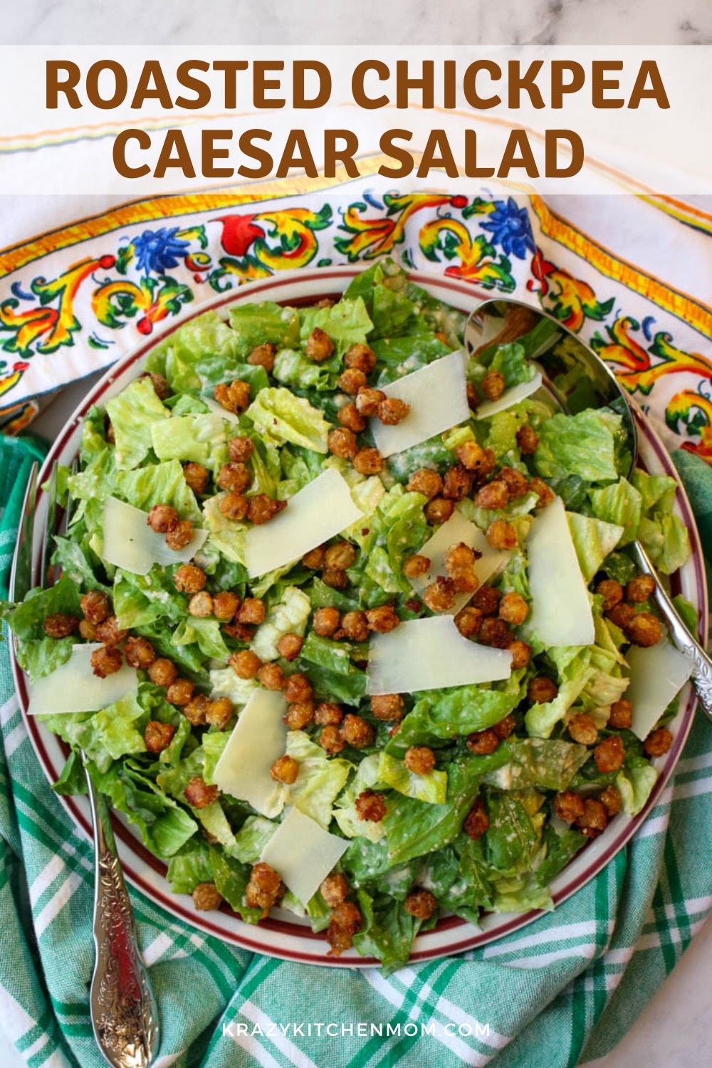 Crunchy creamy chickpeas take the place of croutons in this Caesar salad tossed with a lemon parmesan dressing. via @krazykitchenmom