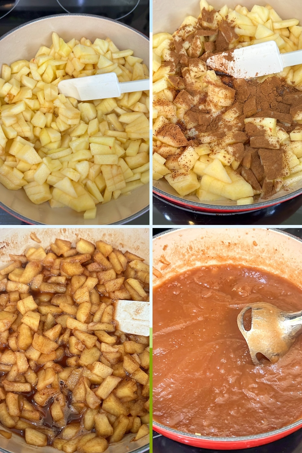 four photos showing how to make apple butter