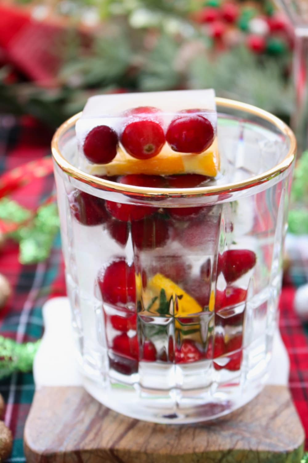 glass rimmed in gold and filled with fruit filled ice cubes