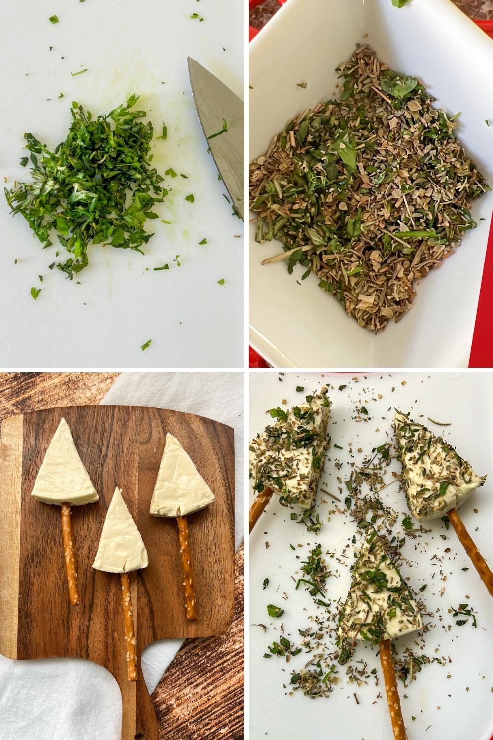 four photos showing how to make Christmas Tree cheese appetizers