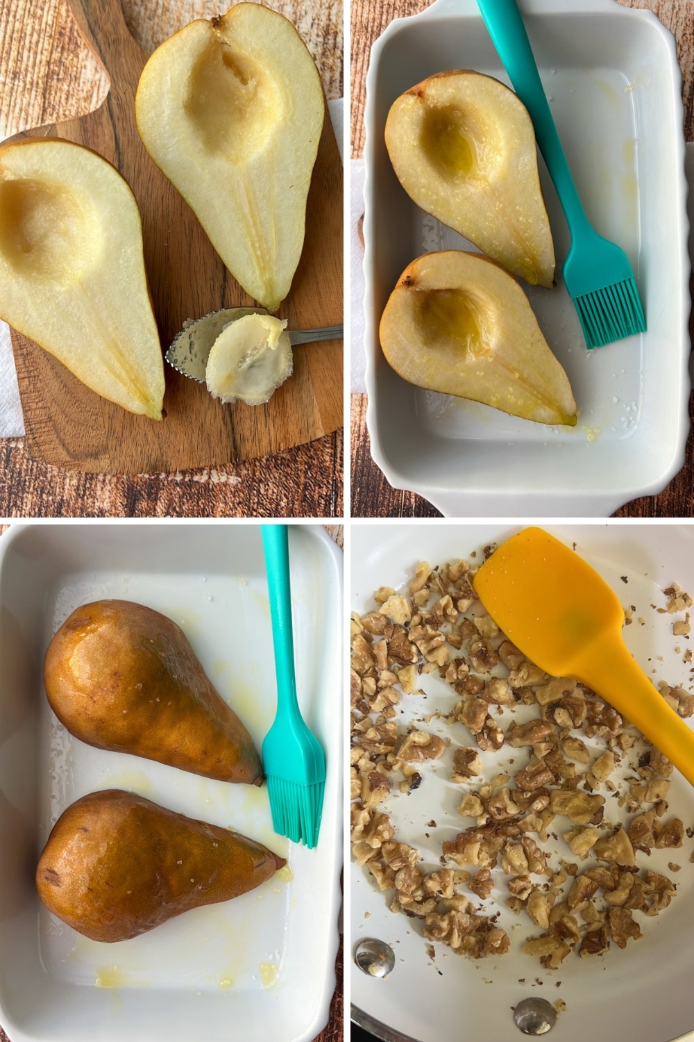 four photos showing how to make roasted pears with blue cheese