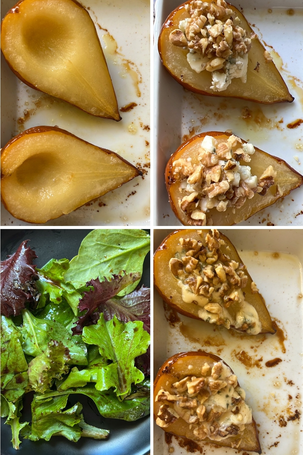 Remove pears from the oven and turn them cut side up. Top each half with blue cheese and toasted walnuts. Return to oven for 6-7 minutes, until the cheese melts. Allow them to rest for 5 minutes before serving. Serve on top of mixed green salad and drizzle with honey.