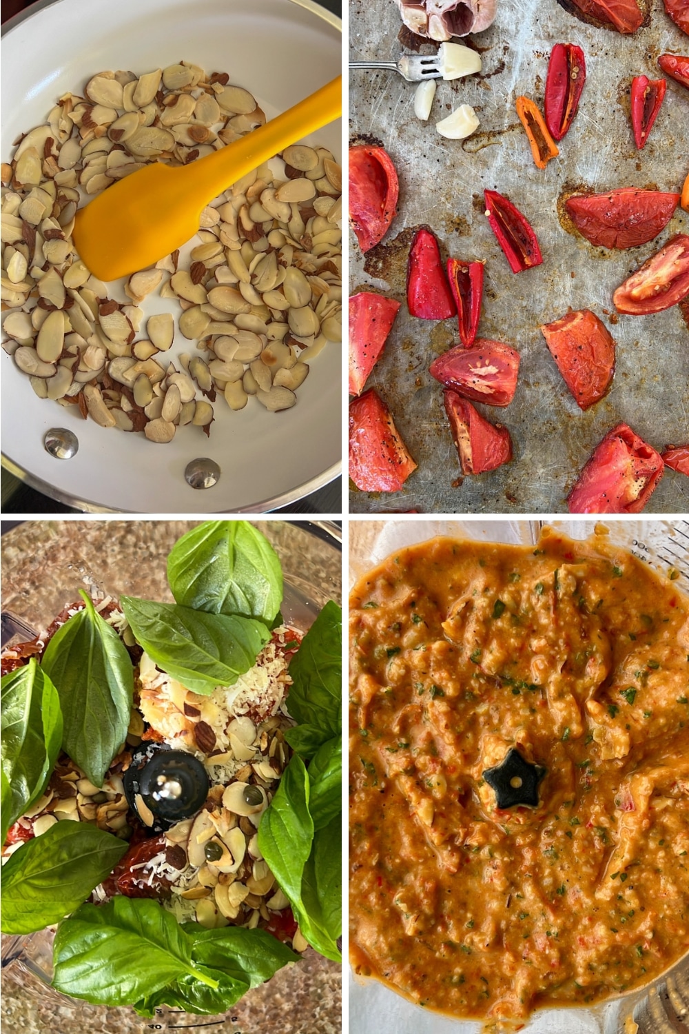 four photos showing how to make tomato pesto