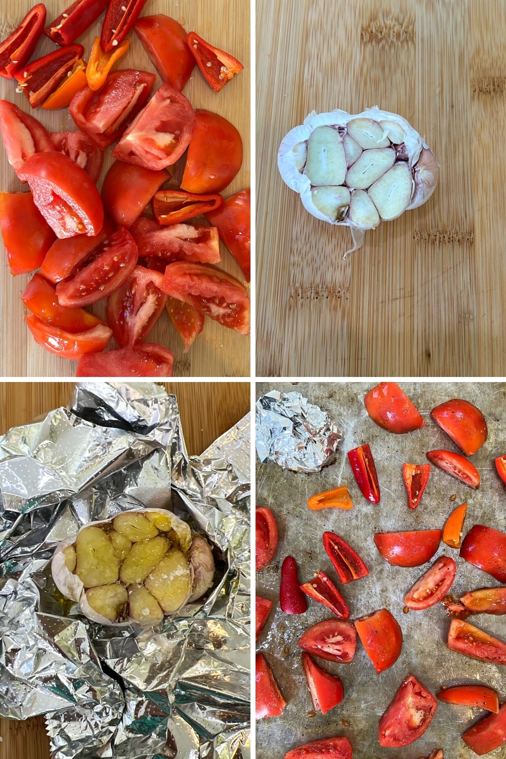 four photos showing how to make tomato pesto 