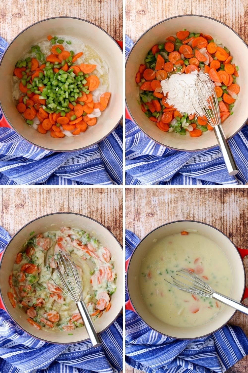 four photos showing how to make turkey pot pie