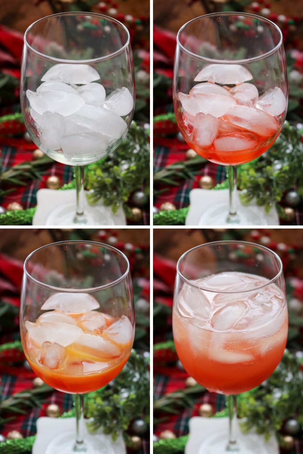 Four photos showing how to make a winter aperol spritz