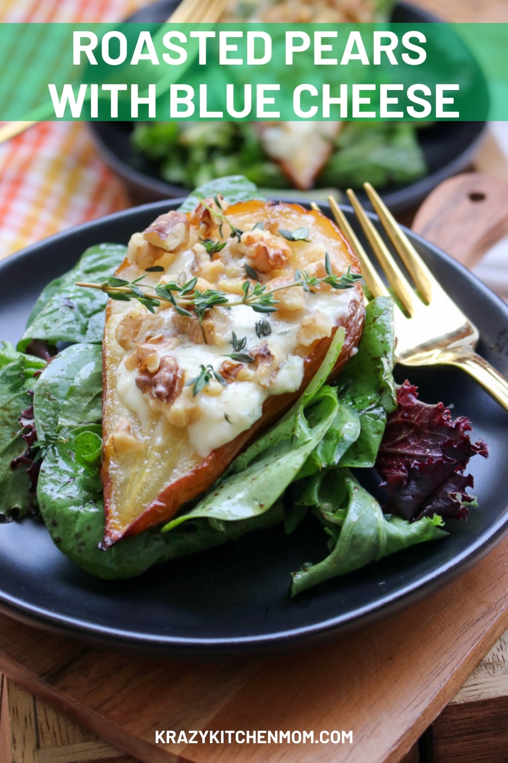 Tender juicy pears drizzled with olive oil and baked until soft. Stuffed with blue cheese and walnuts and served on a bed of greens. via @krazykitchenmom