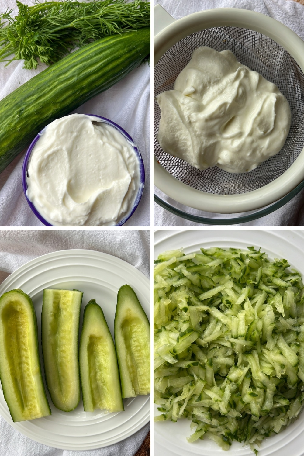 four shots showing how to make tzatziki sauce