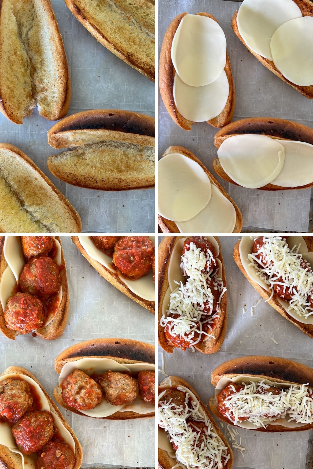 four photos showing how to assemble meatball subs