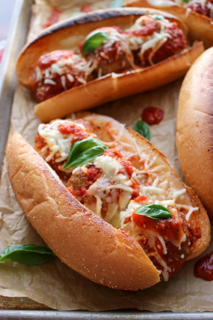 meatballs subs on a baking pan