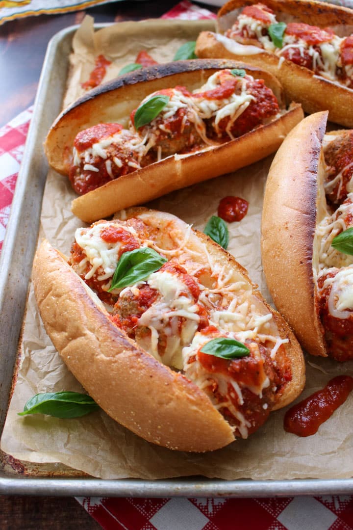 meatball subs on a baking pan