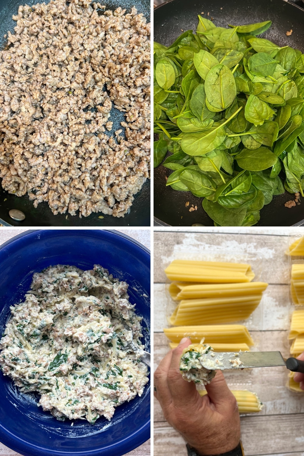 four photos showing how to make cannelloni