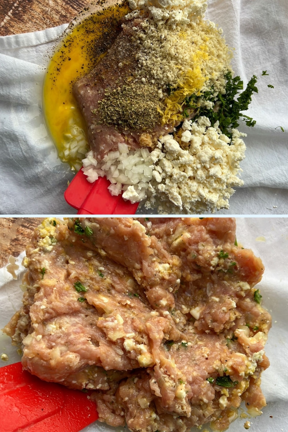 two photos showing how to make chicken feta meatballs