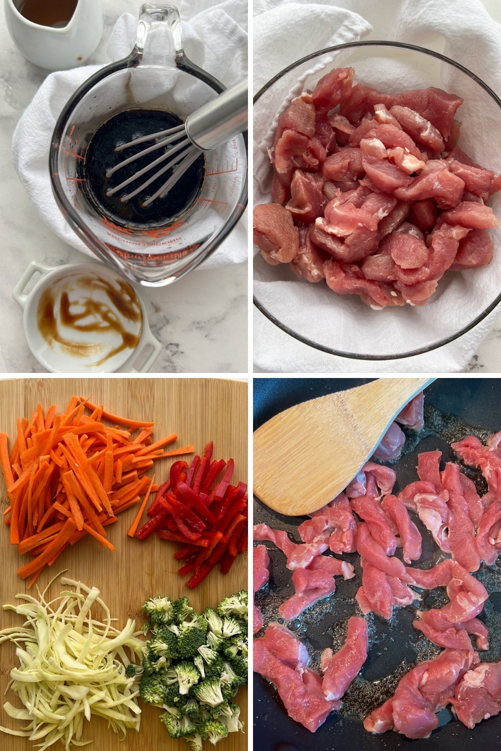 four photos showing how to make pork lo mein