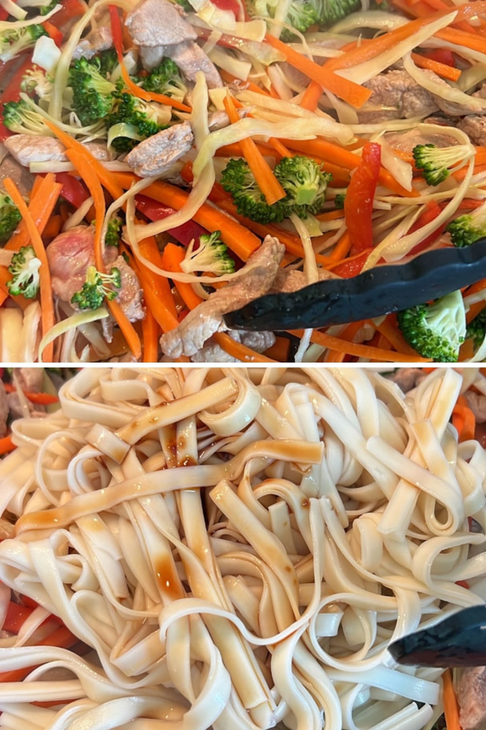 2 photos showing how noodles and sauce are added to pork lo mein