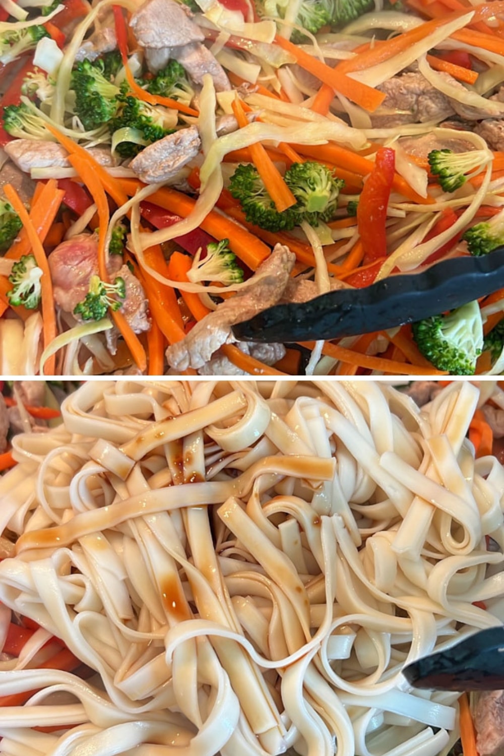 2 photos showing how noodles and sauce are added to pork lo mein