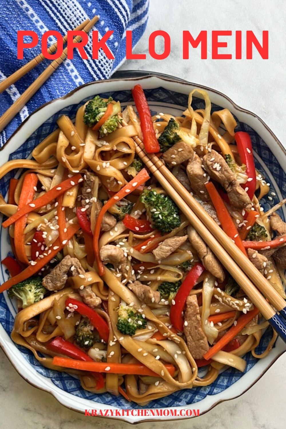 Pork lo Mein is a delicious Chinese dish that  consists of stir-fried noodles, tender slices of pork, and assorted vegetables, all seasoned with a savory soy-based sauce. Its combination of flavors and textures makes it a popular choice in Chinese cuisine. via @krazykitchenmom