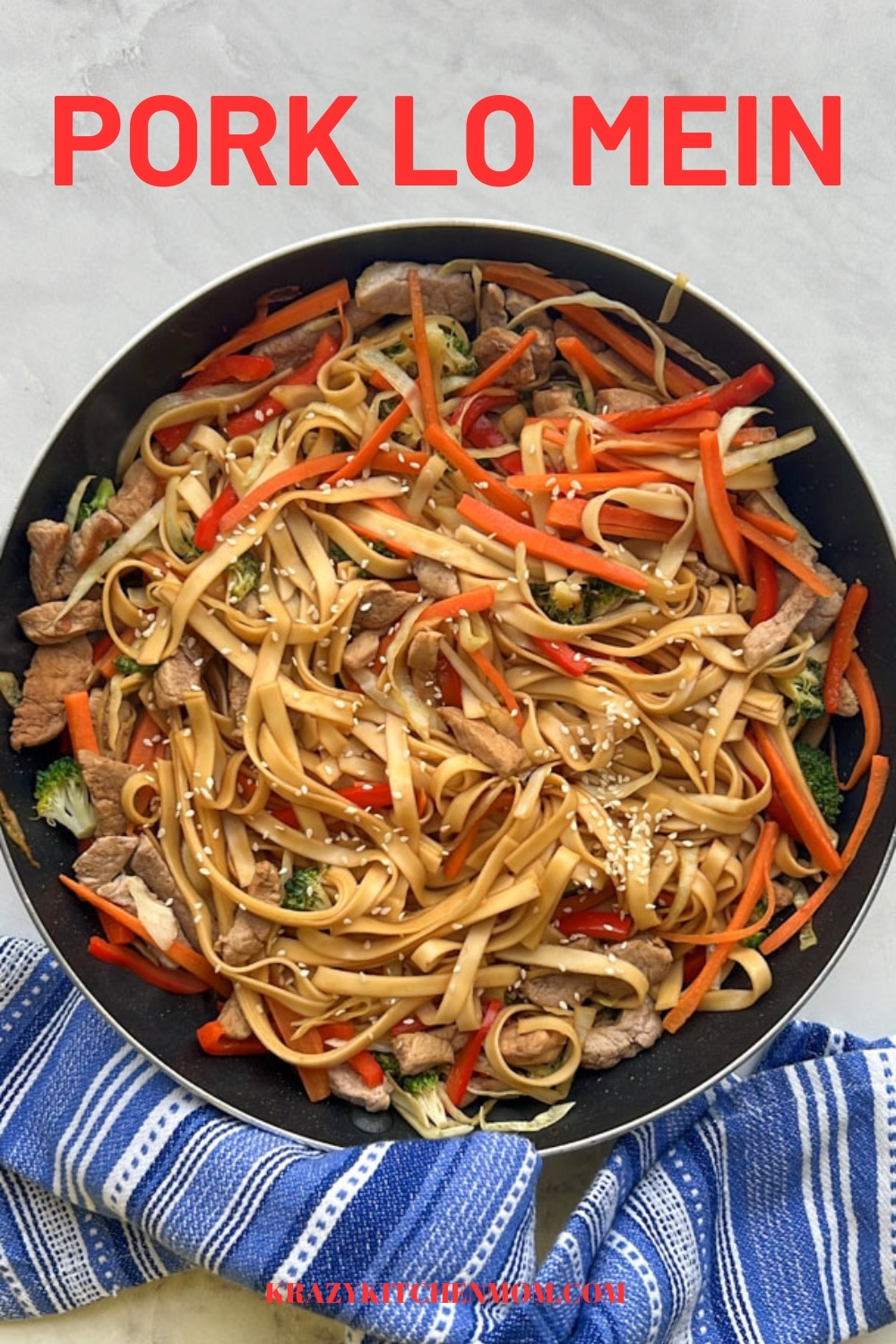 Pork lo Mein is a delicious Chinese dish that  consists of stir-fried noodles, tender slices of pork, and assorted vegetables, all seasoned with a savory soy-based sauce. Its combination of flavors and textures makes it a popular choice in Chinese cuisine. via @krazykitchenmom