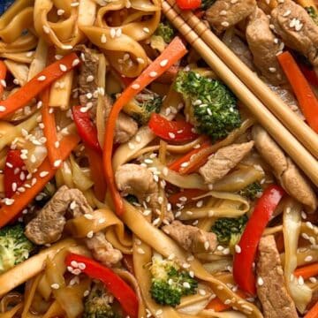 close up shot of pork lo mein