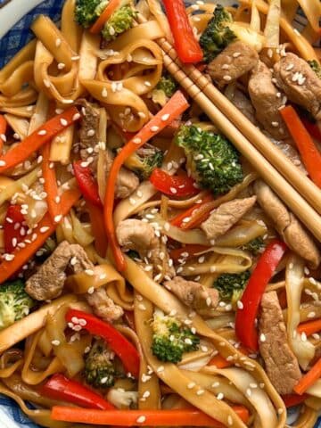 close up shot of pork lo mein