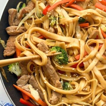 close up of pork lo mein