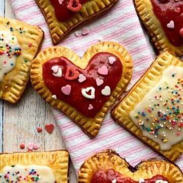 overhead shot of heart shaped and square pop tart pastries