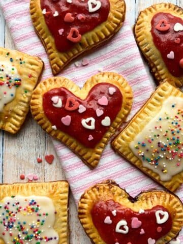 overhead shot of heart shaped and square pop tart pastries