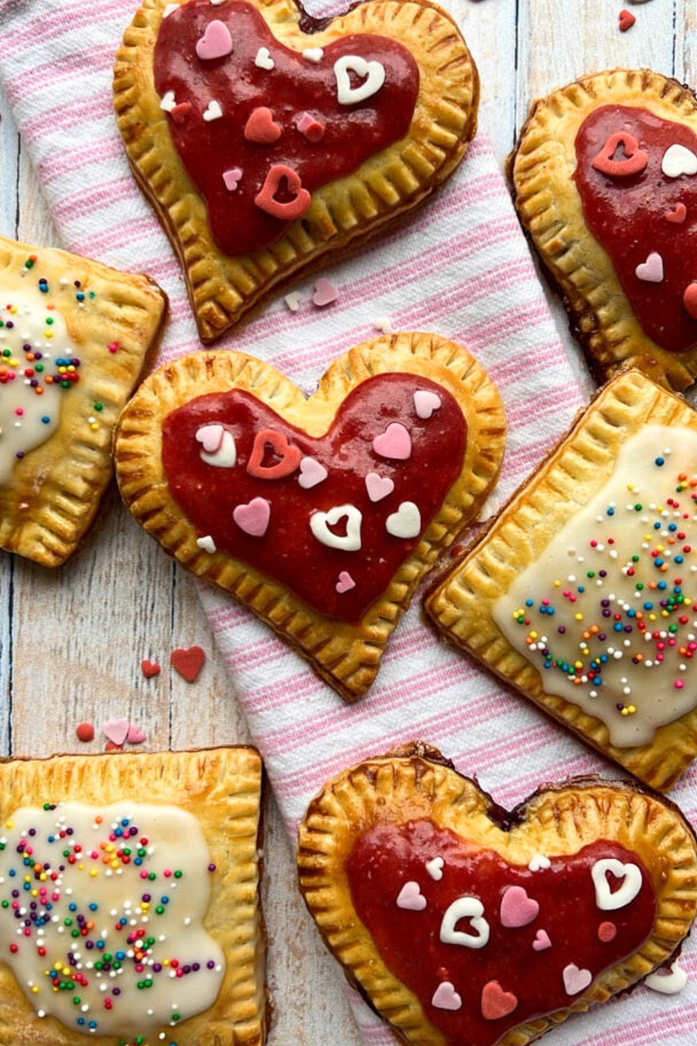 overhead shot of heart shaped and square pop tart pastries