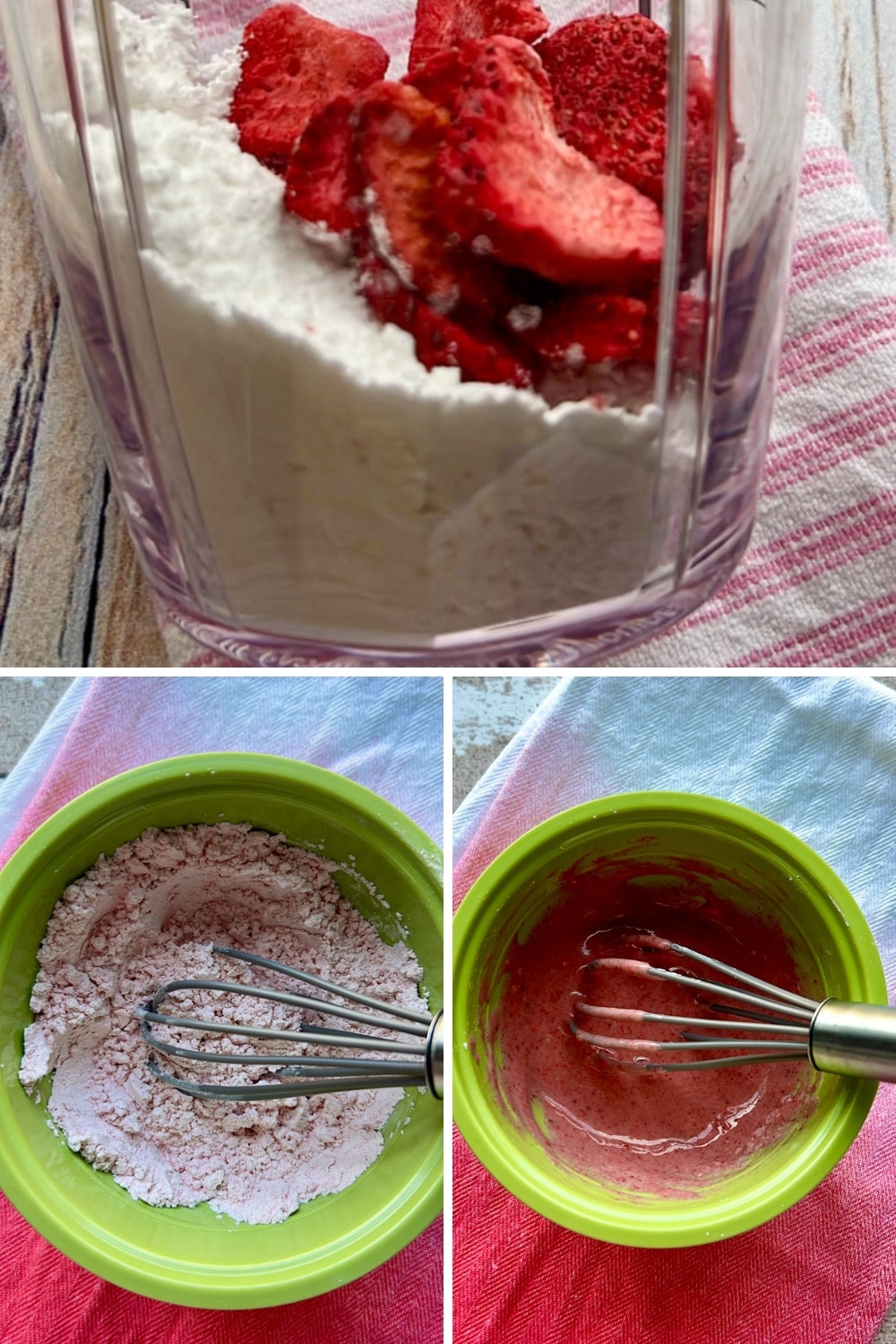 three photos showing how to make pop tart glaze with freeze dried berries