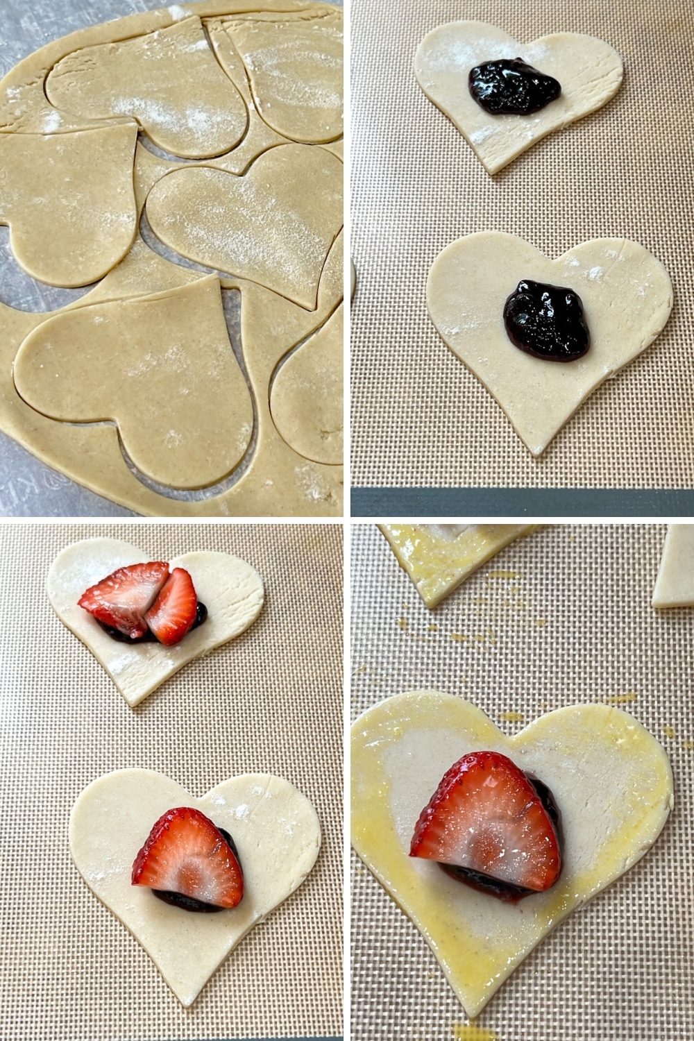 four photos showing how to make, fill, and assemble pop tart pastries 