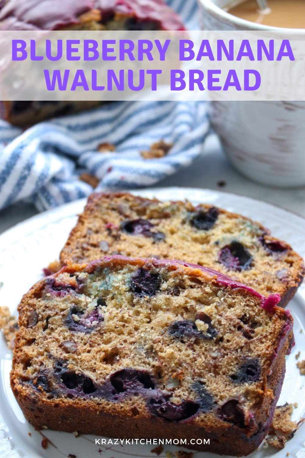 Blueberry Walnut Banana Bread is the perfect blend of fruity, nutty, richness topped with a silky blueberry glaze. via @krazykitchenmom