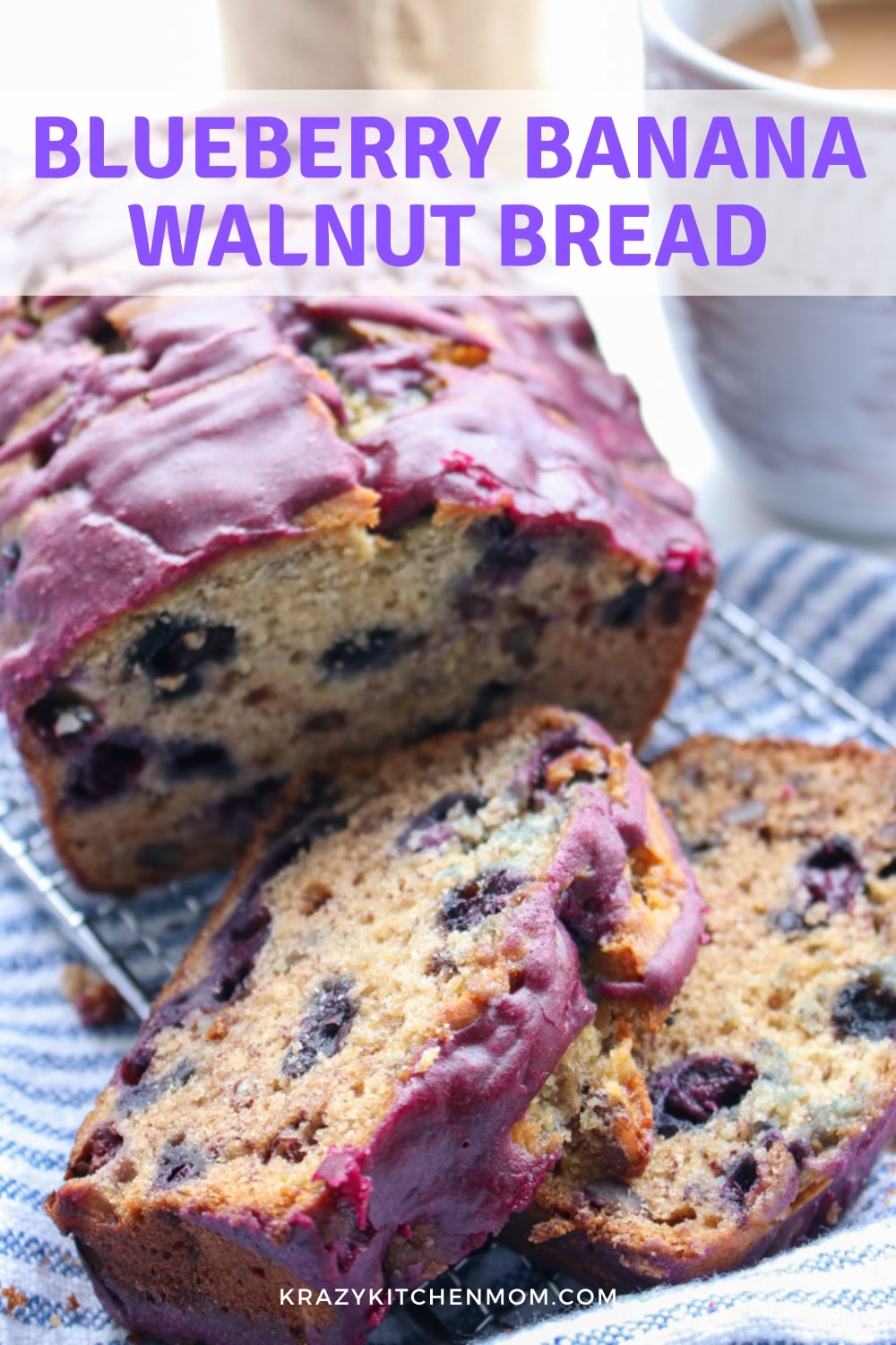 Blueberry Walnut Banana Bread is the perfect blend of fruity, nutty, richness topped with a silky blueberry glaze. via @krazykitchenmom
