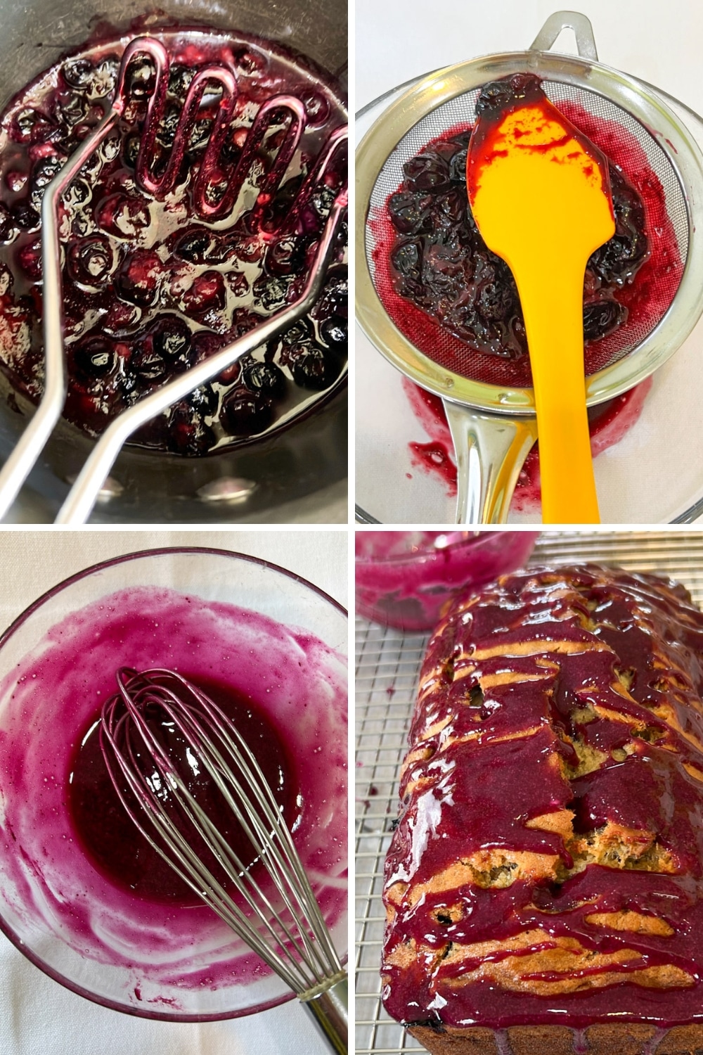 four photos showing how to make blueberry glaze