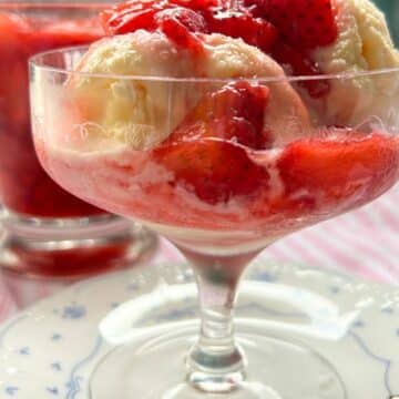 VANILLA ICE CREAM TOPPED WITH STRAWBERRY SAUCE