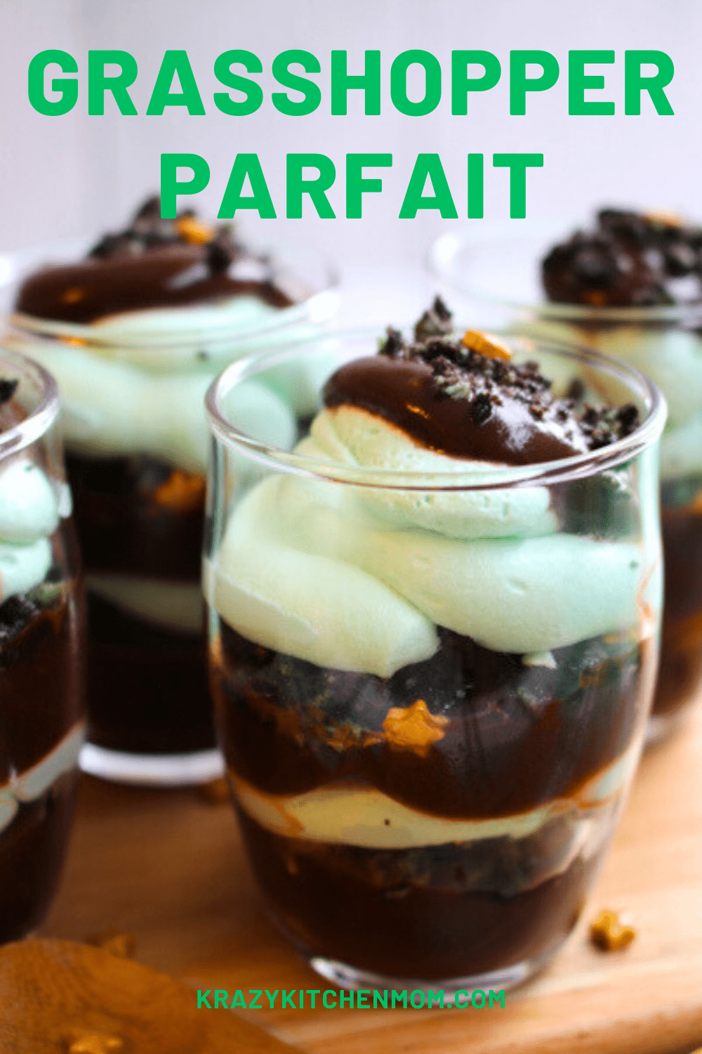 This delicious and whimsical dessert is a celebration of the classic grasshopper cocktail in a delightful parfait form. via @krazykitchenmom