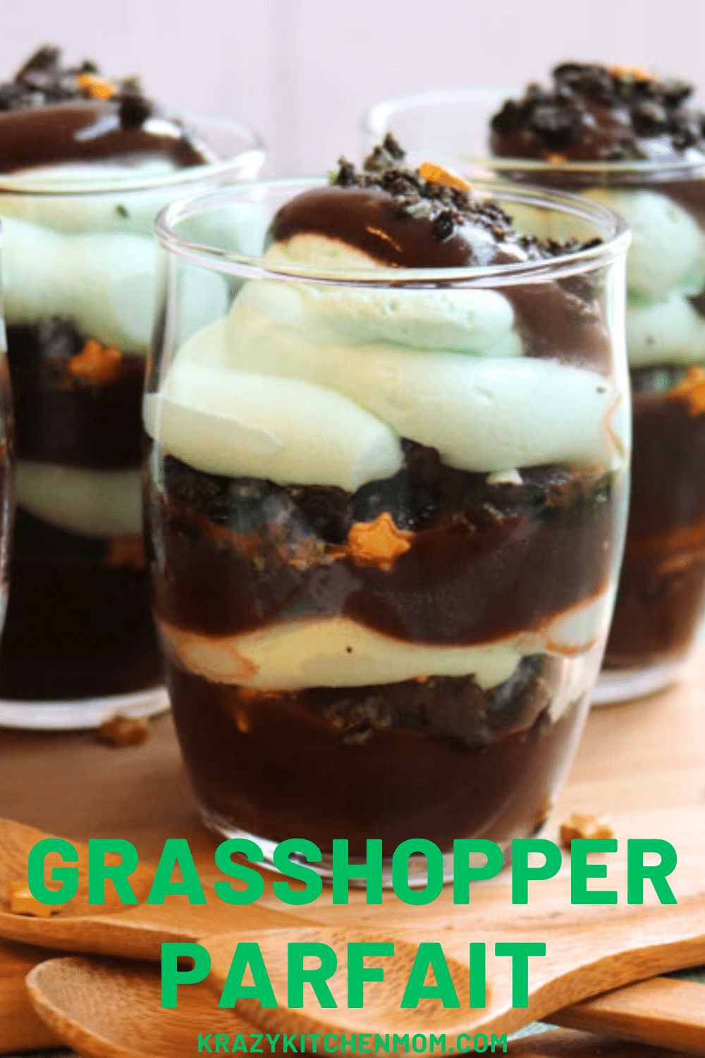 This delicious and whimsical dessert is a celebration of the classic grasshopper cocktail in a delightful parfait form. via @krazykitchenmom