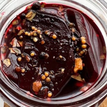 overhead shot of jar filled with pickled beets