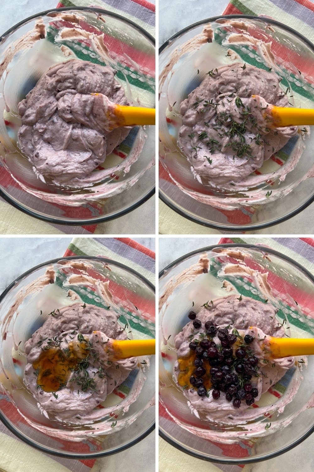 four photos showing how to make berry goat cheese spread