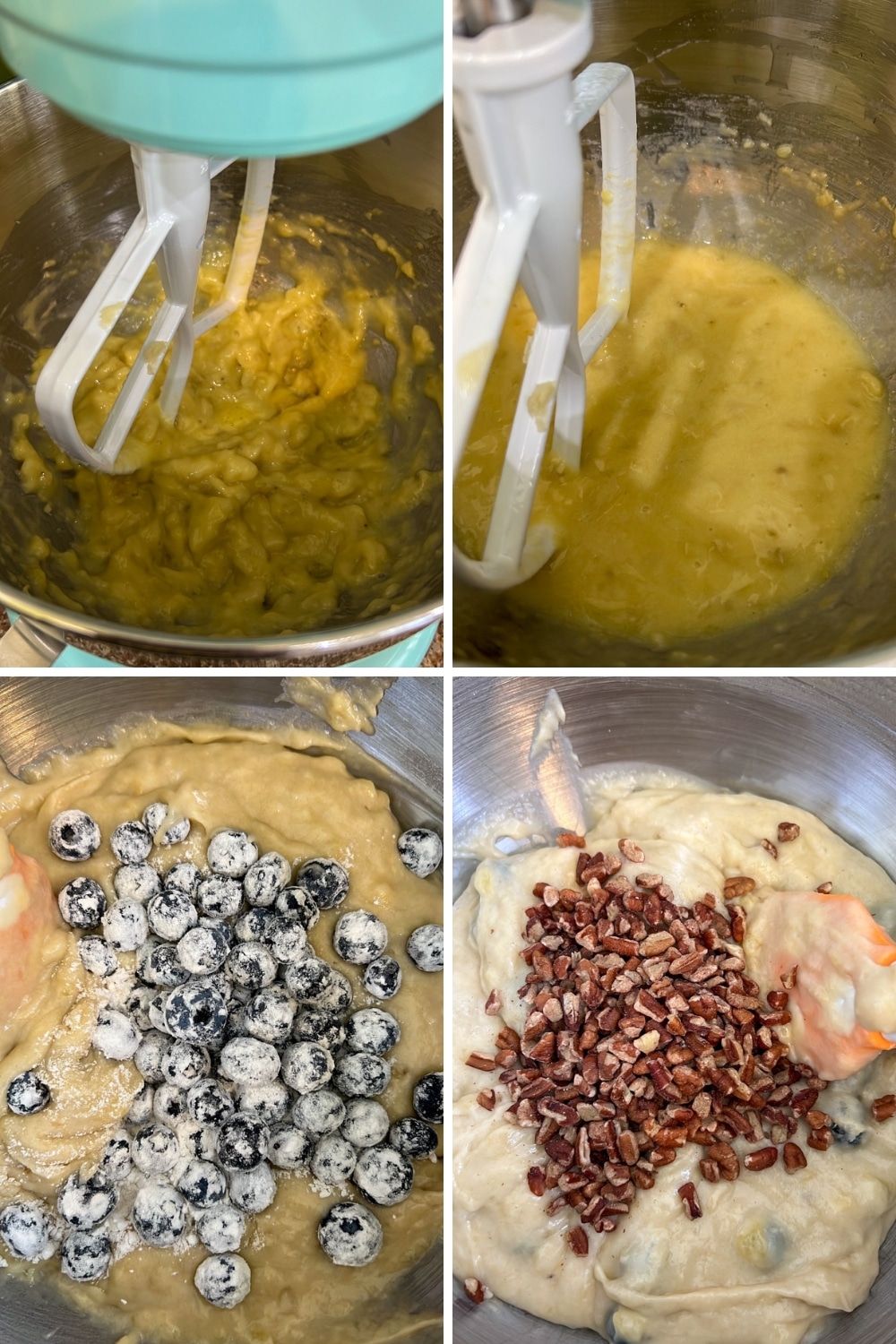 four photos showing how to make blueberry walnut banana bread