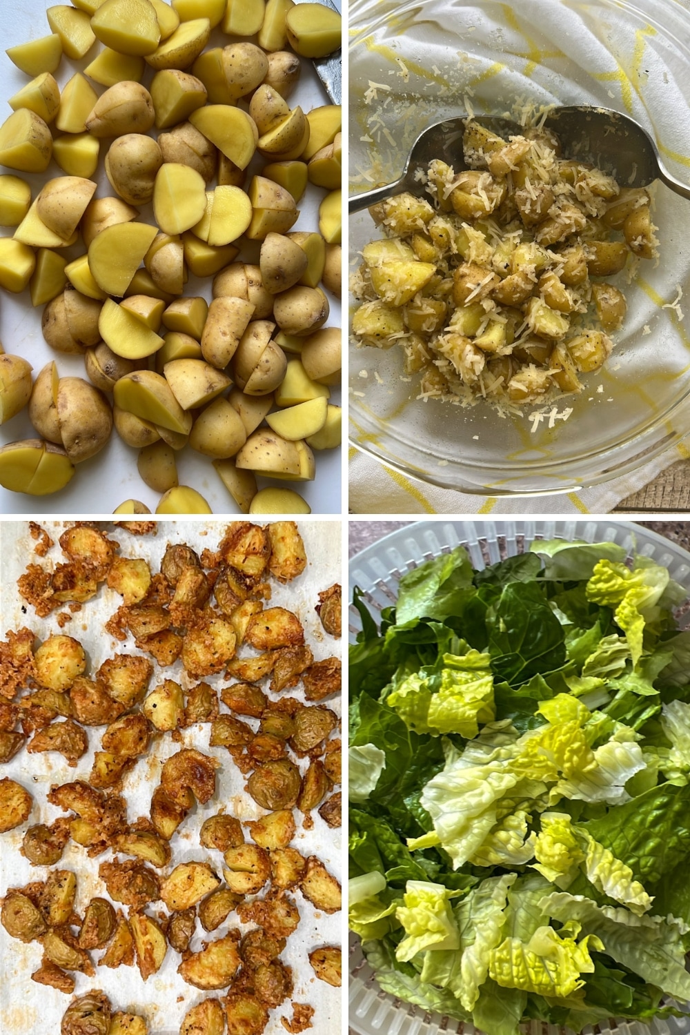 four photos showing how to make Crispy Parmesan Potato Caesar Salad